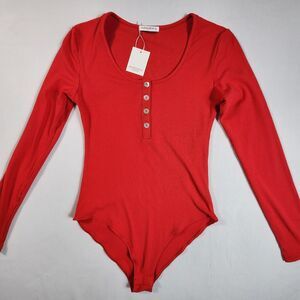 Mangopop Ribbed Bodysuit Button Up Long Sleeve Round Neck Top Size Small